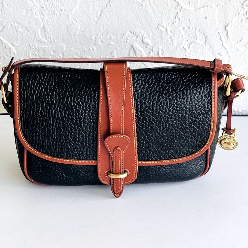 VINTAGE ALL WEATHER LEATHER LARGE EQUESTRIAN BAG BLACK TAN TRIM - Picture 2 of 13
